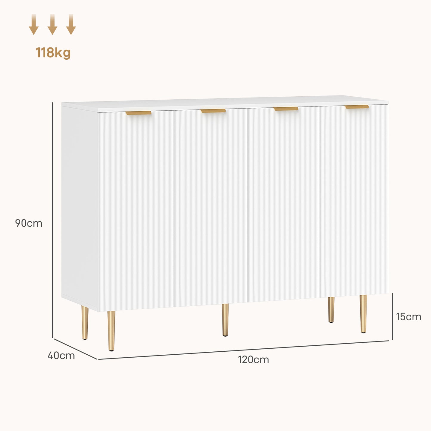 Vinotti Wooden White 4 Door Sideboard 4 Doors 2 Shelves