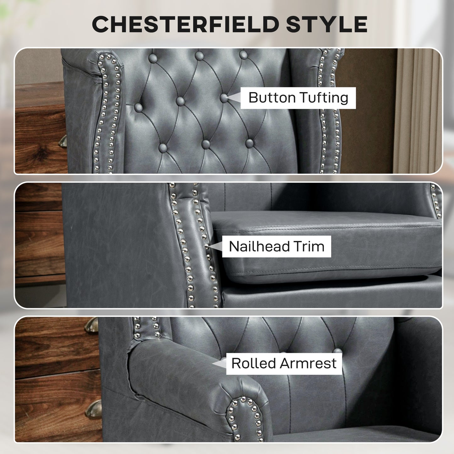 Radima Grey Faux Leather Chesterfield Wingback Accent Armchair With Nail Head Trim