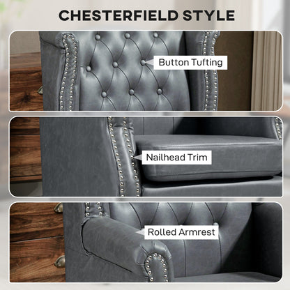 Radima Grey Faux Leather Chesterfield Wingback Accent Armchair With Nail Head Trim