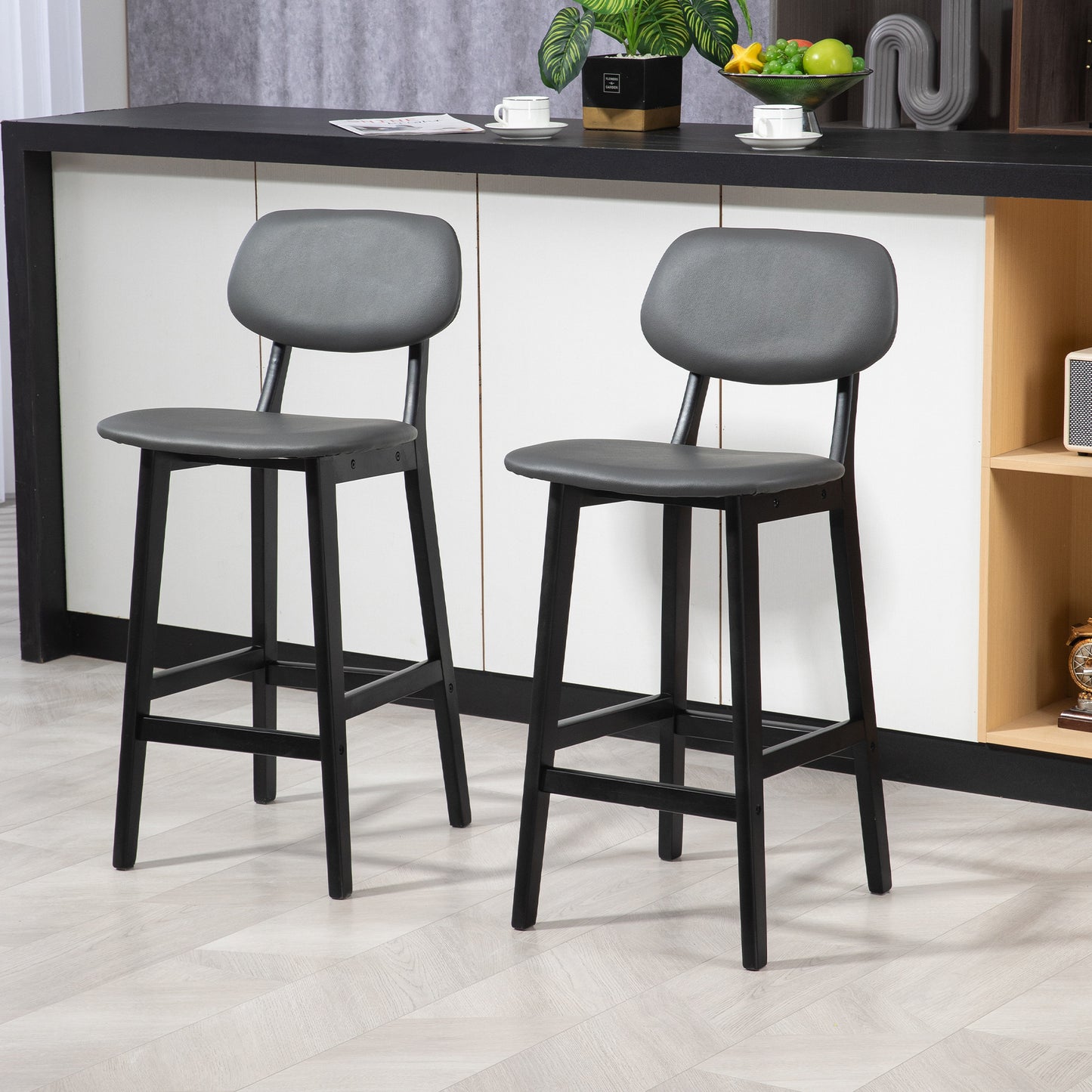 Lavidiel Faux Leather Dark Grey Bar Stools Set Of 2 With Back Support And Wood Legs