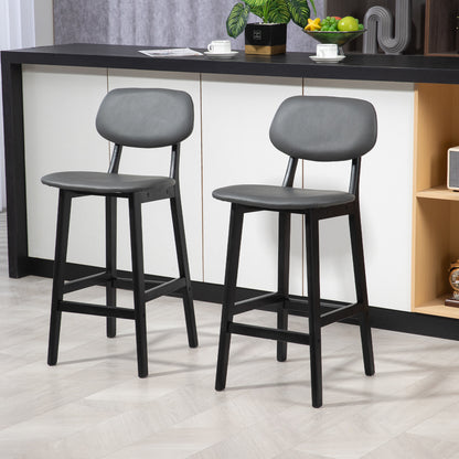Lavidiel Faux Leather Dark Grey Bar Stools Set Of 2 With Back Support And Wood Legs