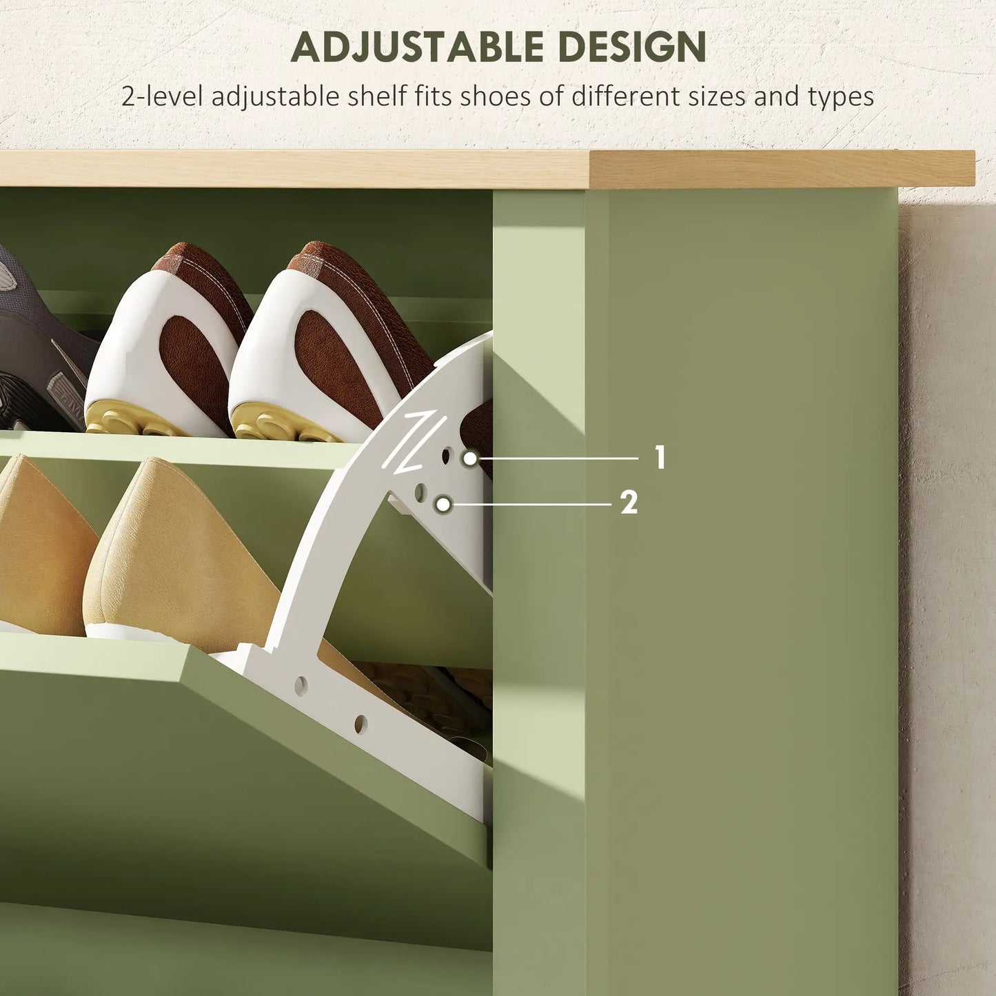 Wooden Green Slim Shoe Cabinet With 2 Flip Drawers For 12 Pairs