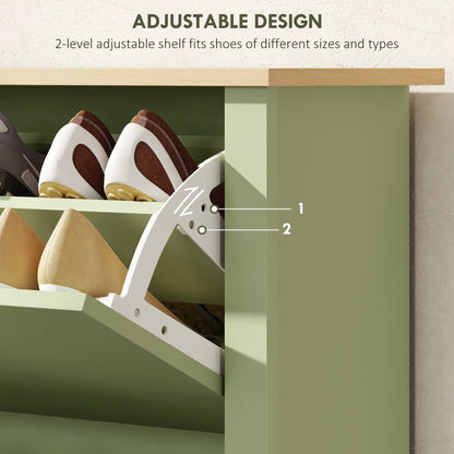 Wooden Green Slim Shoe Cabinet With 2 Flip Drawers For 12 Pairs