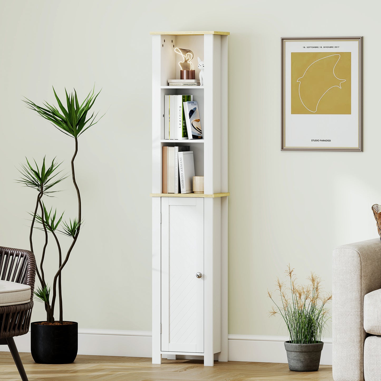 Nifael Favi Slim Bathroom Storage Cabinet With OFauxn Compartment And Adjustable Shelves White 34 x 23 x 165 cm