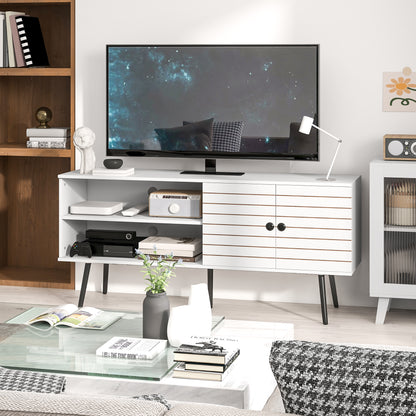 Lare 145cm Wooden White TV Unit With Stripe Doors Open Shelves And Wooden Legs