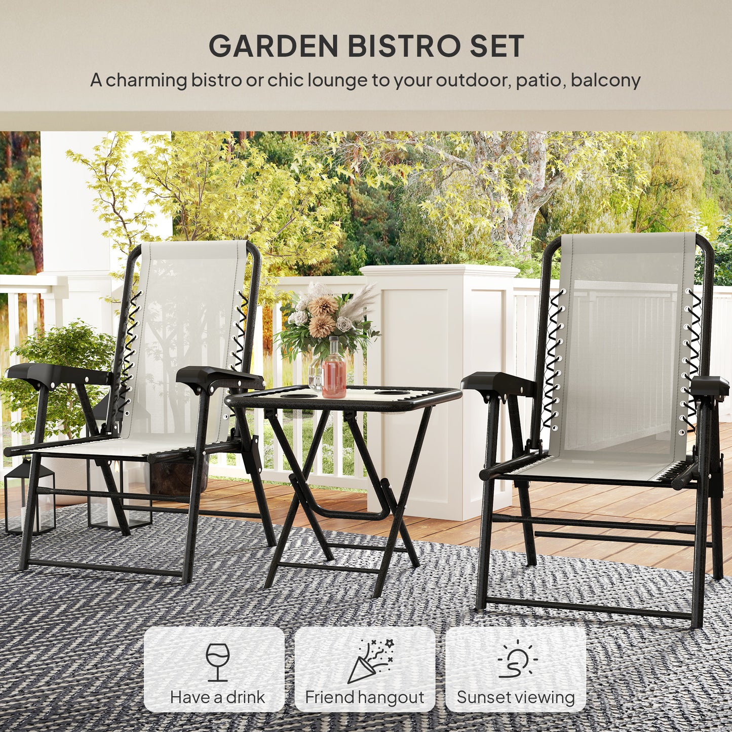 Diroke Metal Cream White 3 Piece Garden Table And Chair Bistro Set