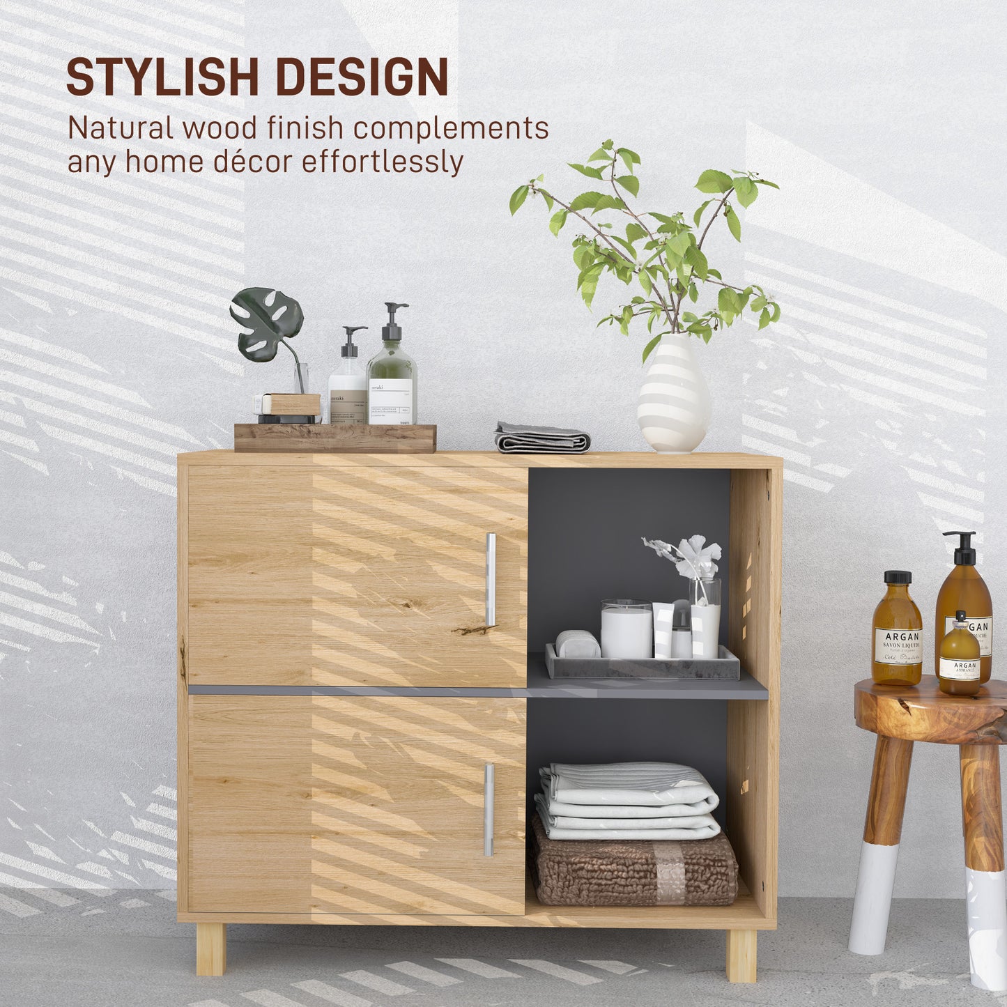 Lazze Freestanding Bathroom Storage Cabinet With OFauxn Compartments And Double Doors