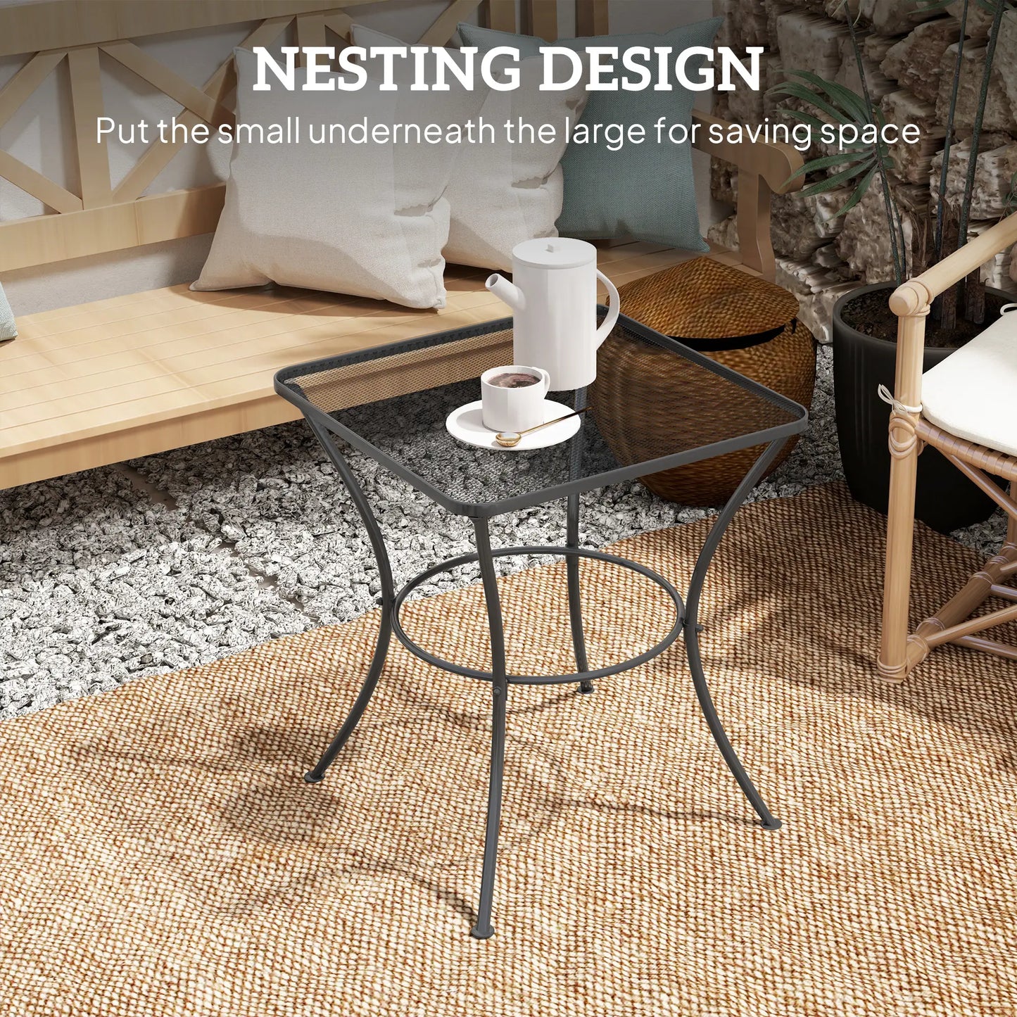 Metal Black Square Outdoor Bistro Table With Mesh Top 60 cm