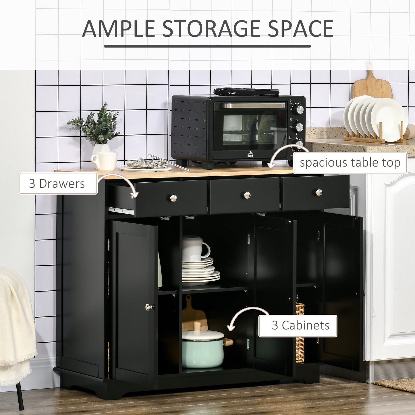 Totoro Black Sideboard With Natural Top 3 Doors 3 Drawers 3 Shelves