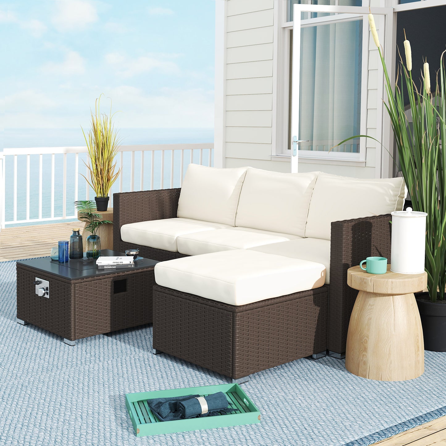 Dirone Rattan Brown And Cream 4 Seater Garden Furniture Set With Gas Fire Pit Table And Footstool