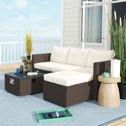Dirone Rattan Brown And Cream 4 Seater Garden Furniture Set With Gas Fire Pit Table And Footstool