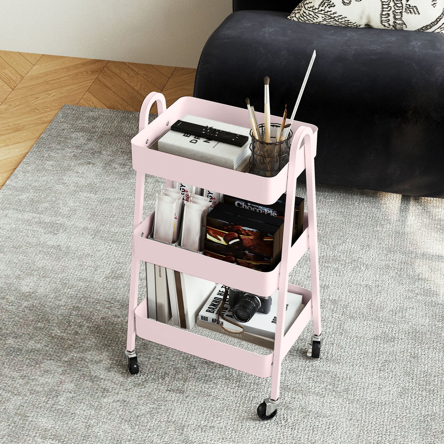 Subase Metal Pink 3 Tier Storage Trolley With Wheels