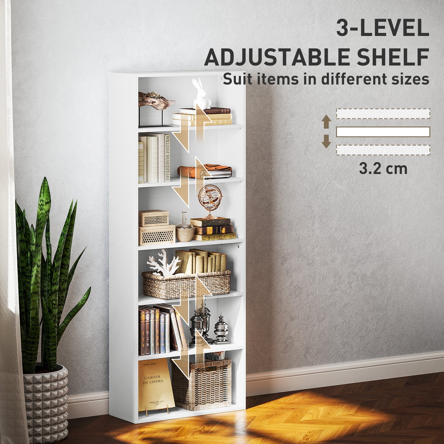 Soel Wood White 6 Tier Bookcase