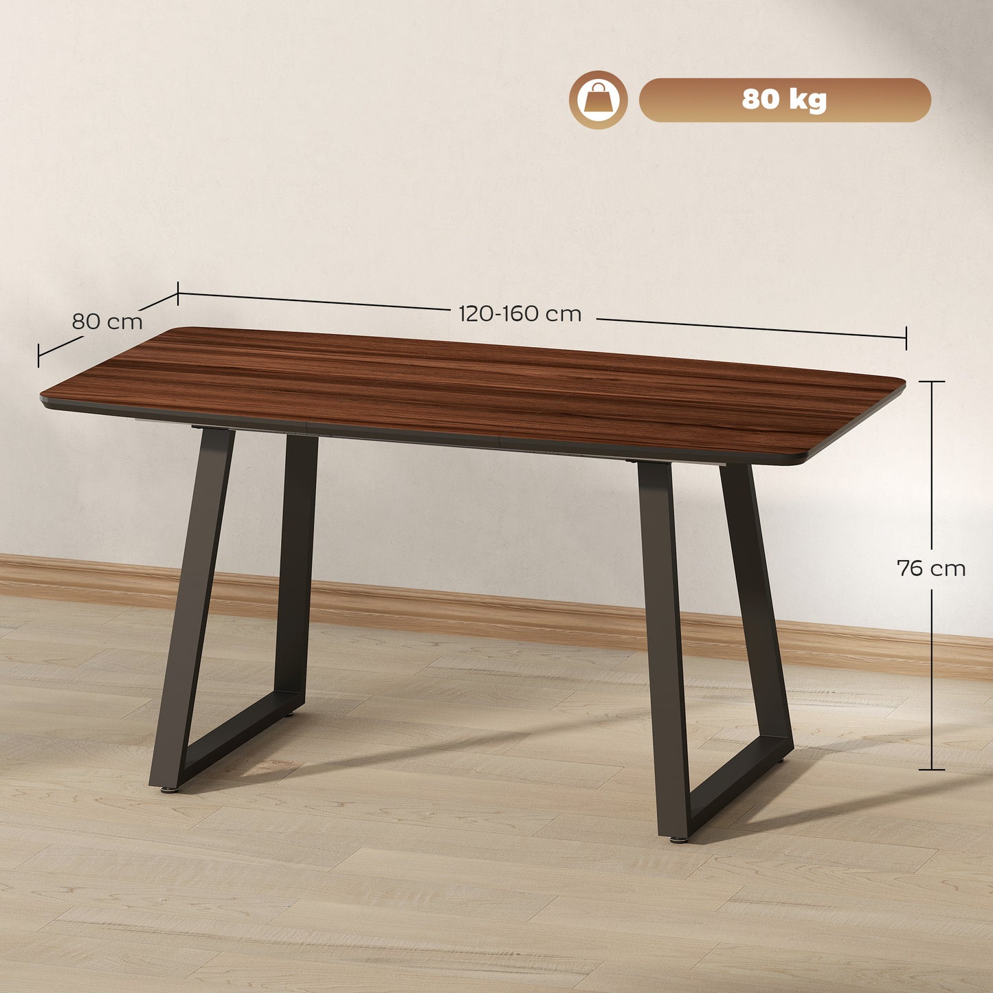 Soramo 160cm Wooden Ex10dable Dining Table With Steel Frame Seating 4 To 6