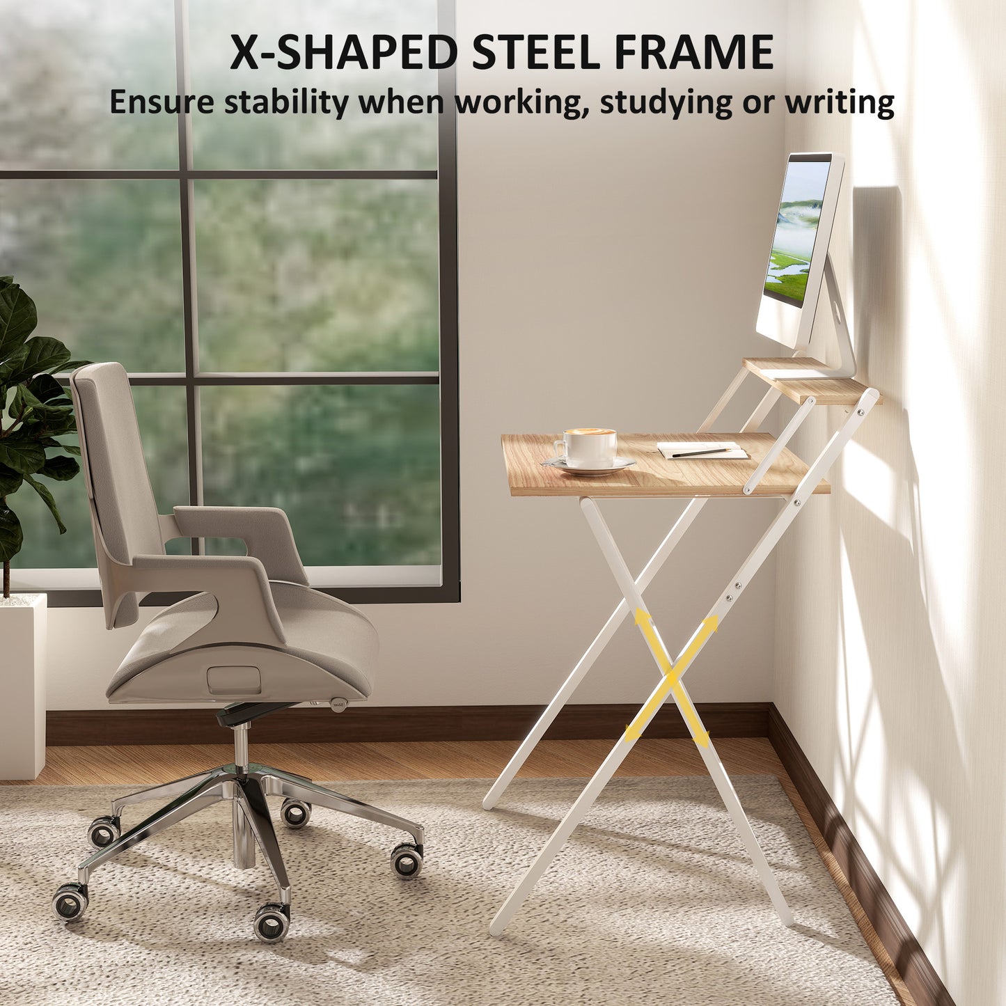 Veeldi 70cm Small Wooden Natural Folding Desk With Raised Monitor Shelf