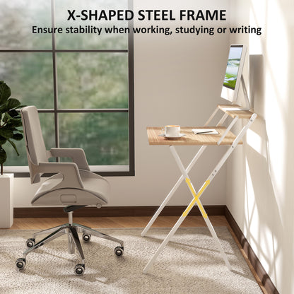 Veeldi 70cm Small Wooden Natural Folding Desk With Raised Monitor Shelf
