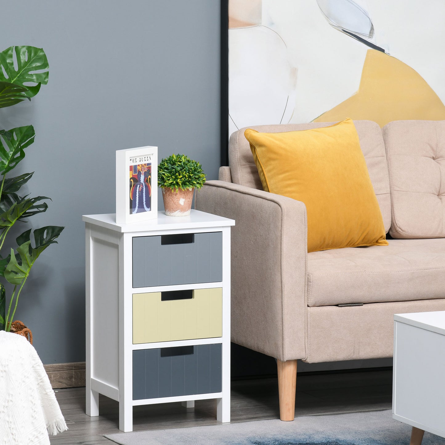 Vicoma Multicolour Wooden Neutral Finish 3 Drawer Storage Tower With Wood Top