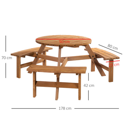 Bare Wood Brown Red 6 Seater Round Picnic Table With 3 Benches And Parasol Hole