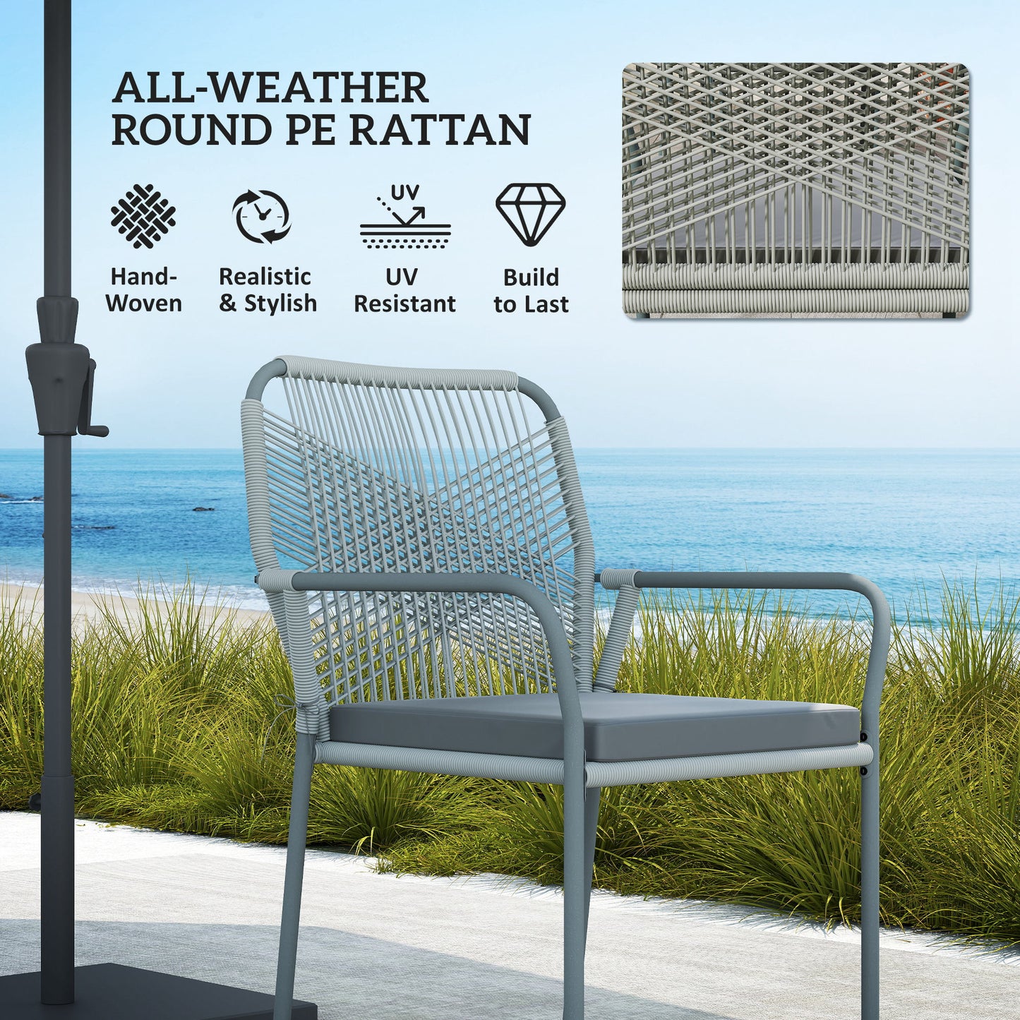 Rolapa Rattan Rope Grey 4 Seater Outdoor Garden Dining Set With Stackable Chairs