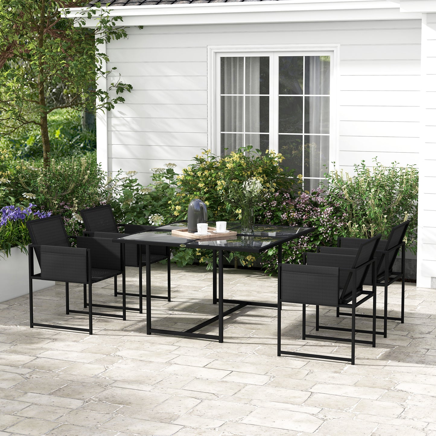 Bamico 4 Seater Metal Black Garden Dining Set With Mesh Seats And Glass Table