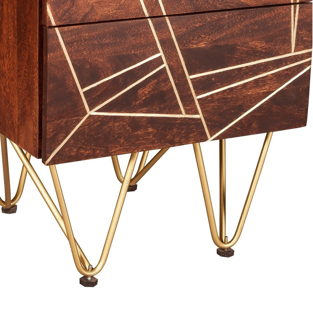 Bandung Dark Mango Wood and Gold 2 Drawer Side Table