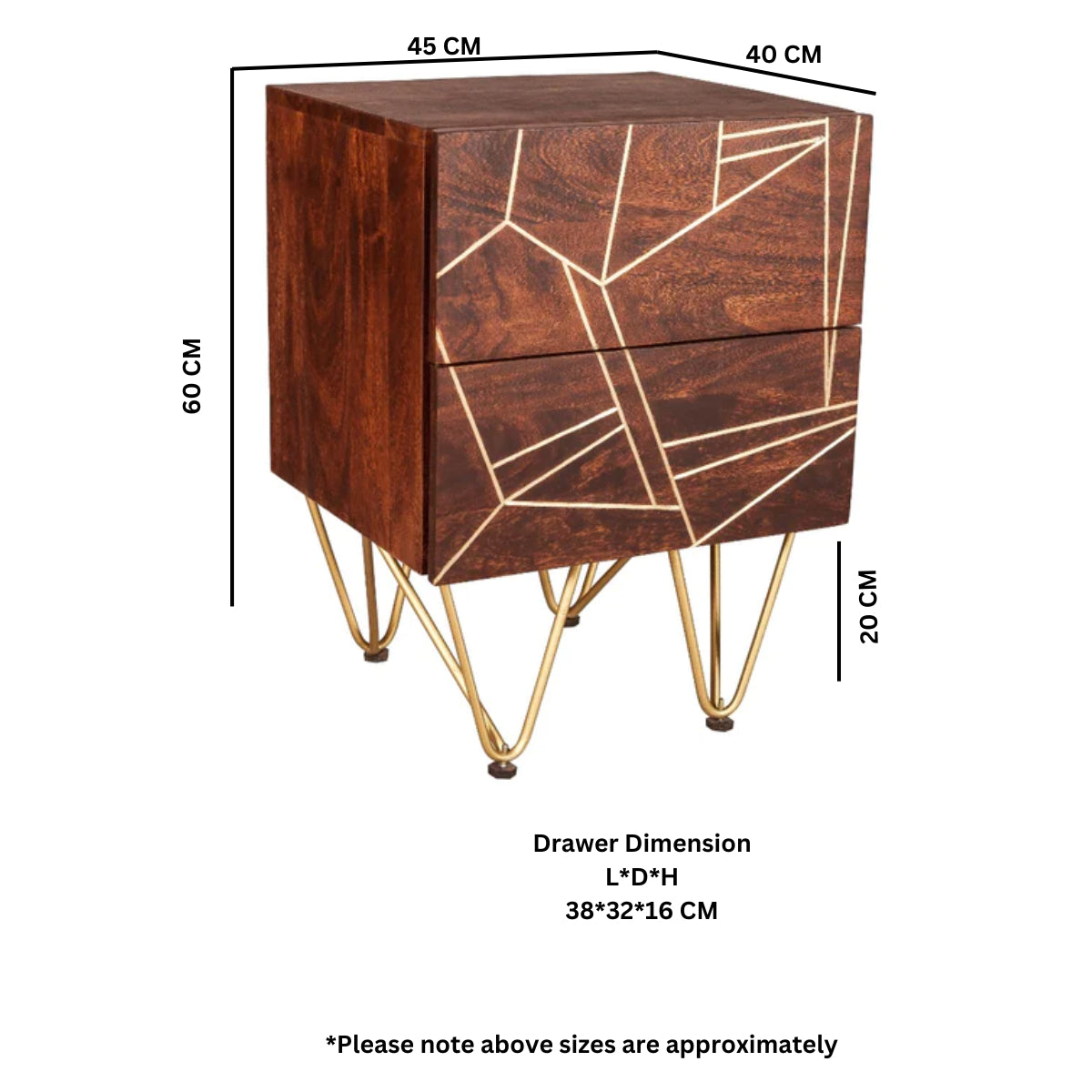 Bandung Dark Mango Wood and Gold 2 Drawer Side Table