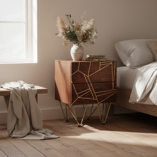 Bandung Dark Mango Wood and Gold 2 Drawer Side Table