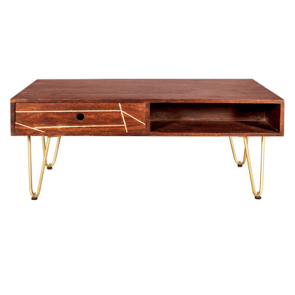 Bandung Dark Mango Wood and Gold Rectangular Coffee Table 1 Drawer 1 Open Shelf