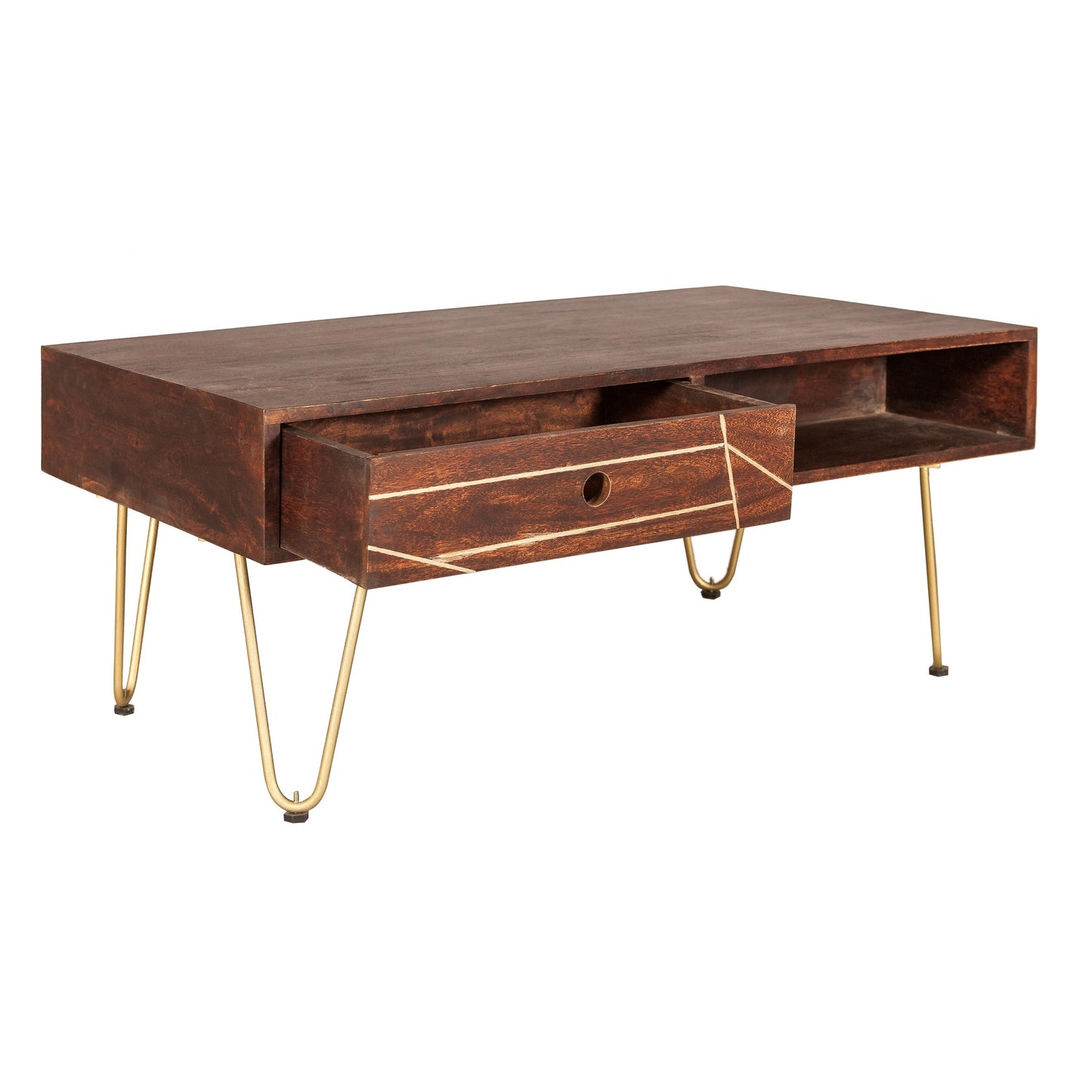 Bandung Dark Mango Wood and Gold Rectangular Coffee Table 1 Drawer 1 Open Shelf
