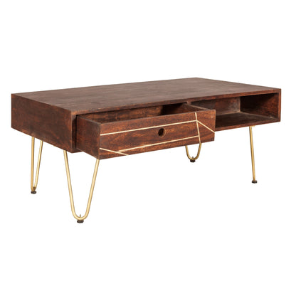 Bandung Dark Mango Wood and Gold Rectangular Coffee Table 1 Drawer 1 Open Shelf