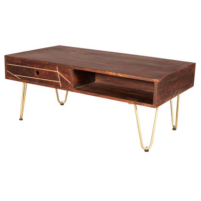 Bandung Dark Mango Wood and Gold Rectangular Coffee Table 1 Drawer 1 Open Shelf