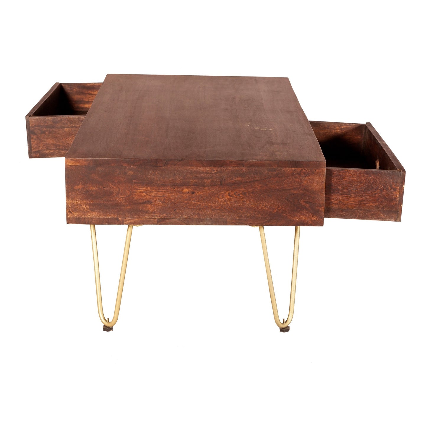 Bandung Dark Mango Wood and Gold Rectangular Coffee Table 1 Drawer 1 Open Shelf