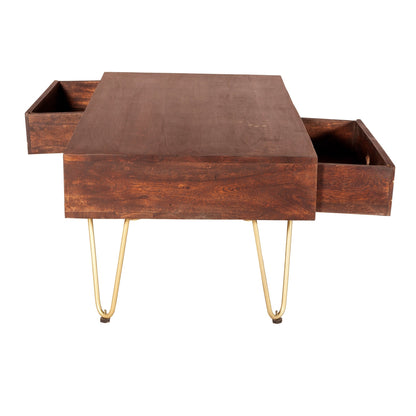 Bandung Dark Mango Wood and Gold Rectangular Coffee Table 1 Drawer 1 Open Shelf