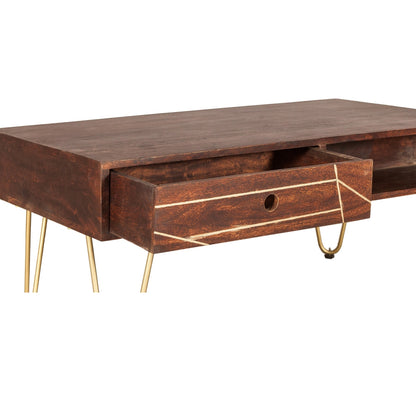 Bandung Dark Mango Wood and Gold Rectangular Coffee Table 1 Drawer 1 Open Shelf