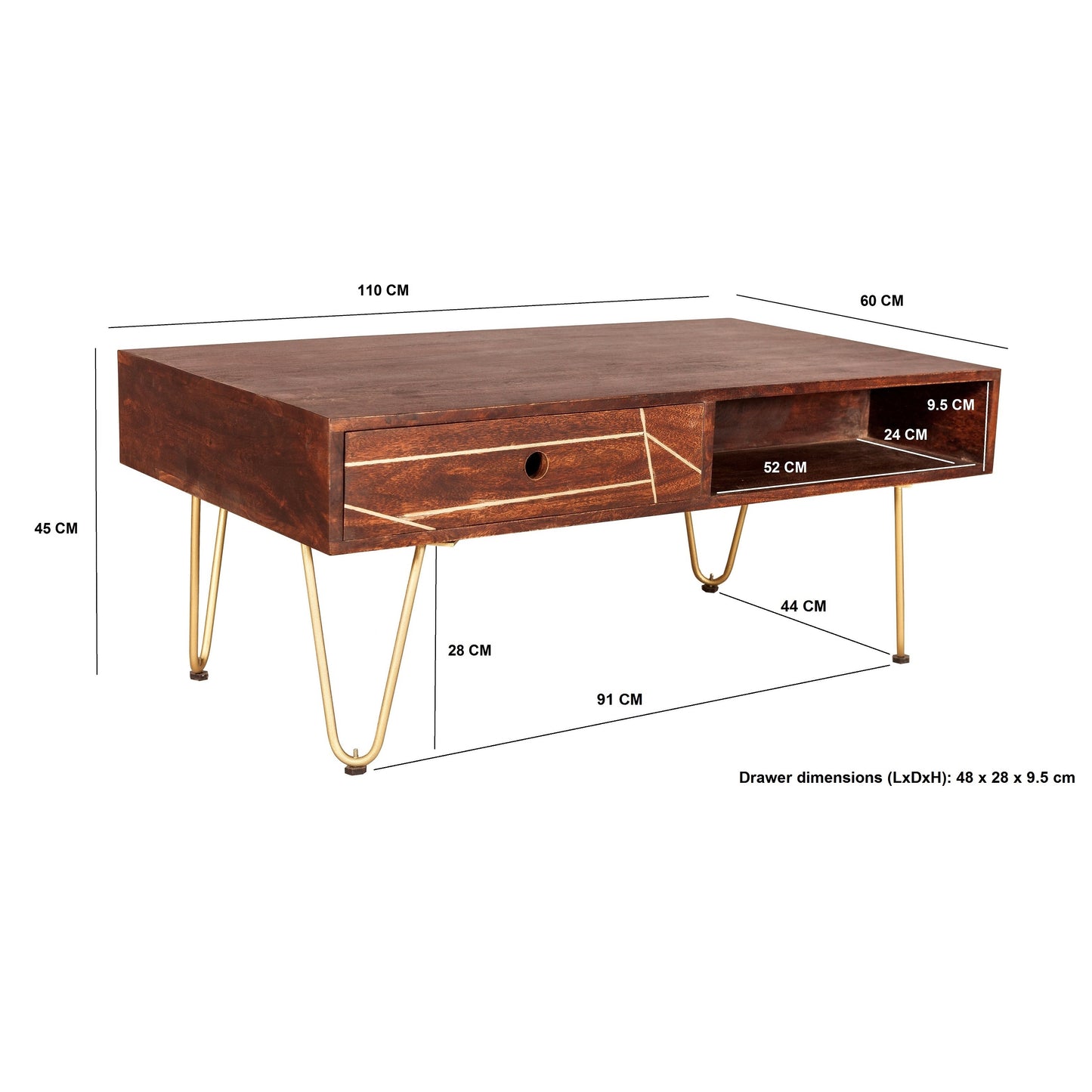 Bandung Dark Mango Wood and Gold Rectangular Coffee Table 1 Drawer 1 Open Shelf