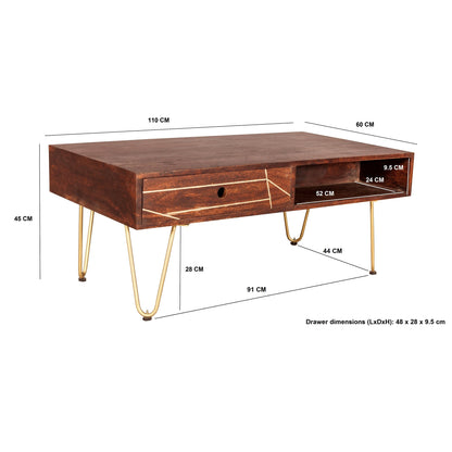 Bandung Dark Mango Wood and Gold Rectangular Coffee Table 1 Drawer 1 Open Shelf
