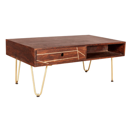 Bandung Dark Mango Wood and Gold Rectangular Coffee Table 1 Drawer 1 Open Shelf