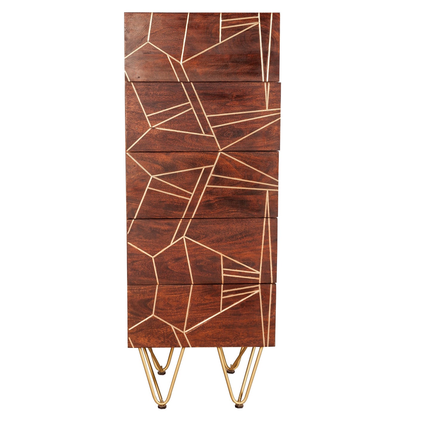 Bandung Dark Mango Wood and Gold Tall Chest of 5 Drawers
