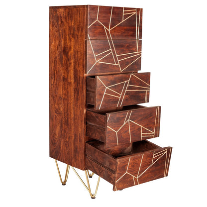 Bandung Dark Mango Wood and Gold Tall Chest of 5 Drawers