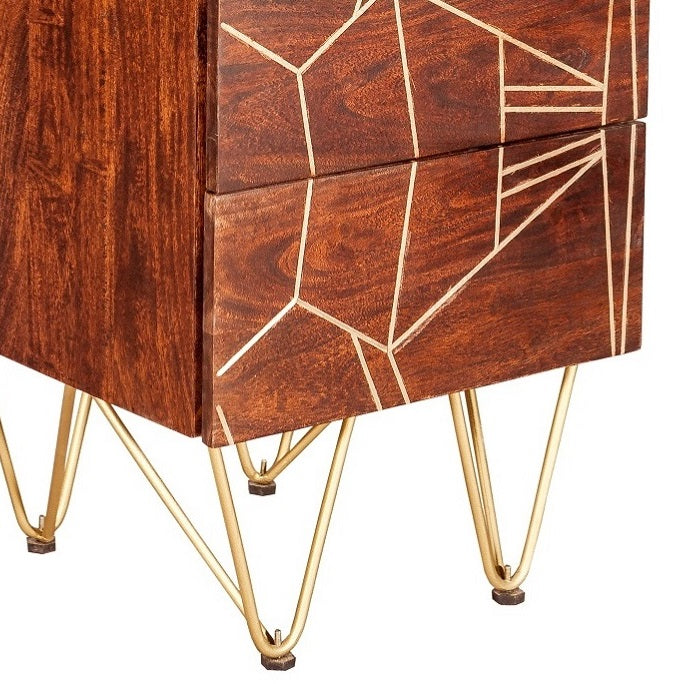Bandung Dark Mango Wood and Gold Tall Chest of 5 Drawers