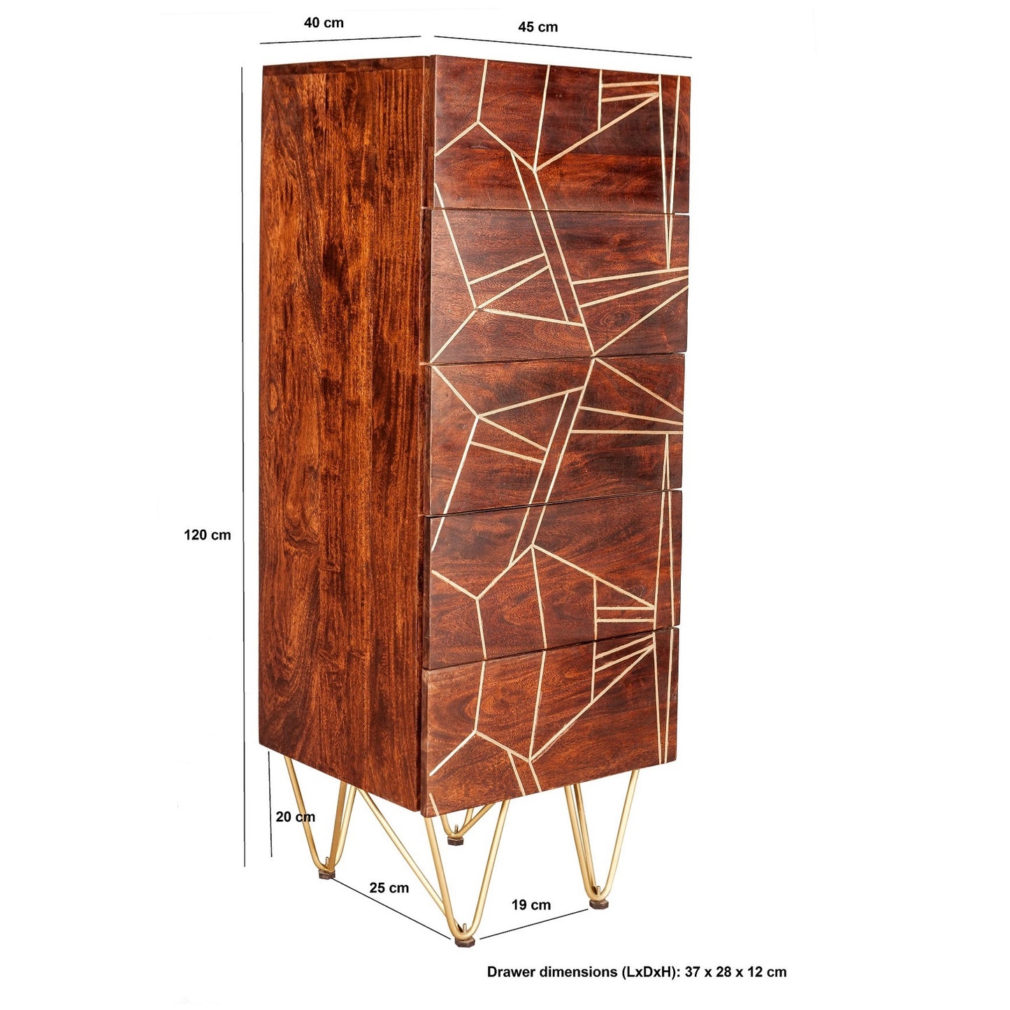 Bandung Dark Mango Wood and Gold Tall Chest of 5 Drawers