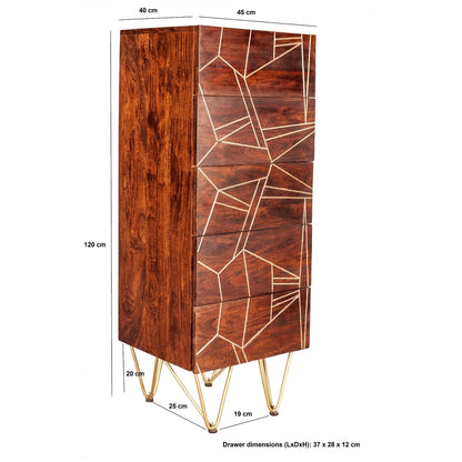 Bandung Dark Mango Wood and Gold Tall Chest of 5 Drawers