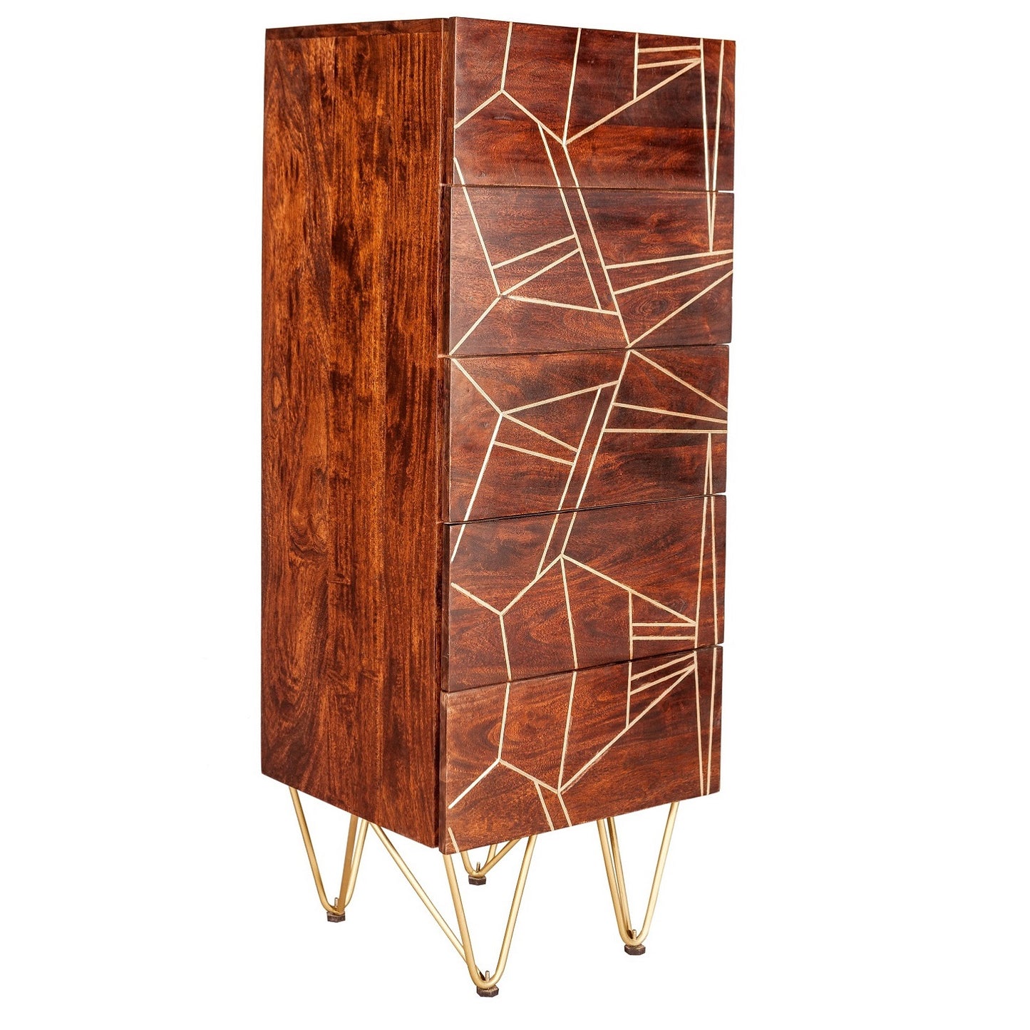 Bandung Dark Mango Wood and Gold Tall Chest of 5 Drawers