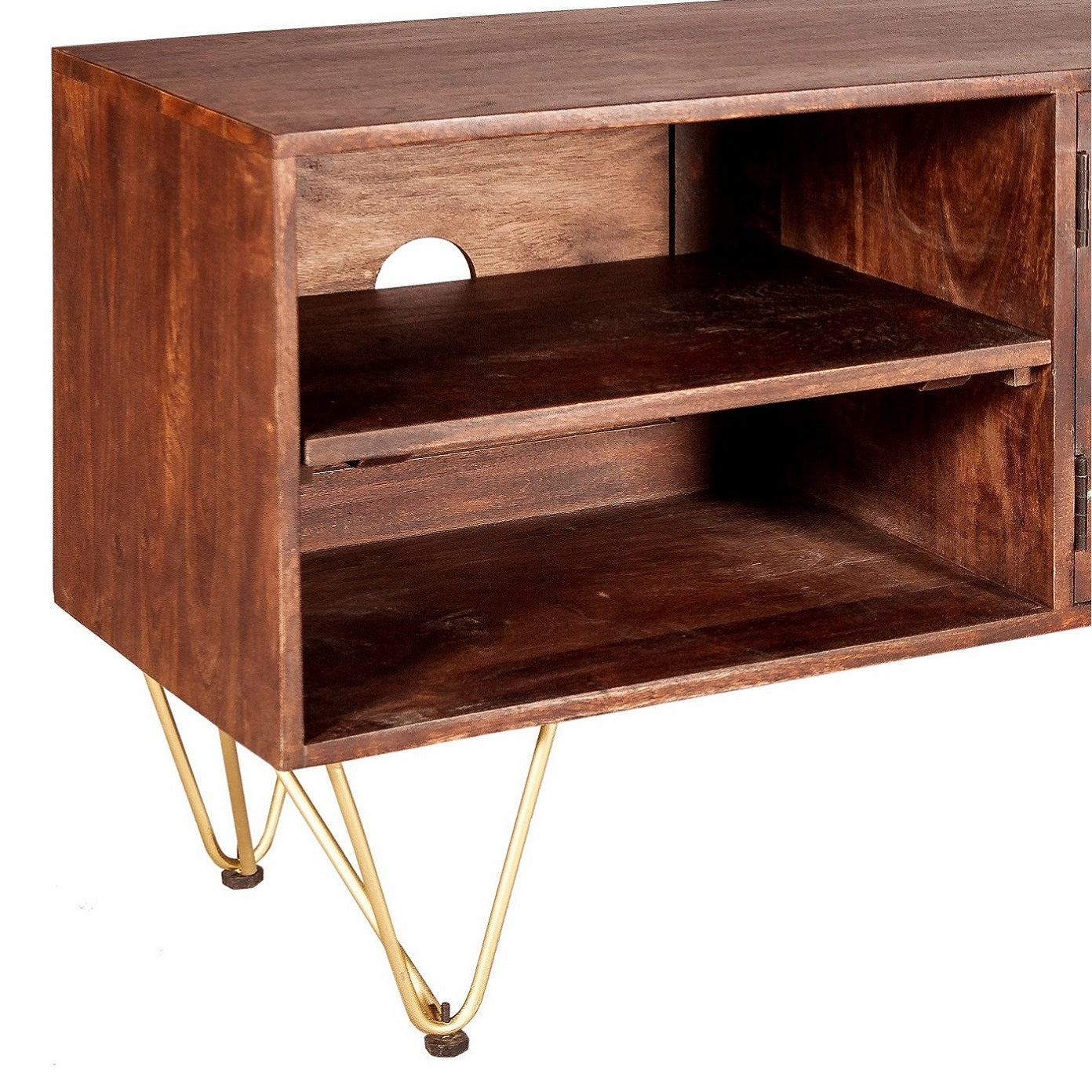 Bandung Dark Mango Wood and Gold TV Media Unit 2 Shelves 2 Doors