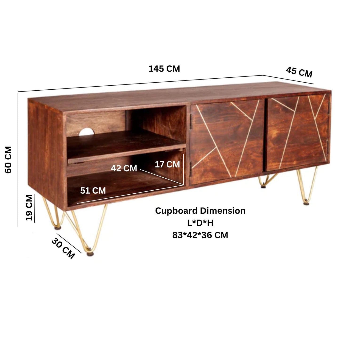 Bandung Dark Mango Wood and Gold TV Media Unit 2 Shelves 2 Doors