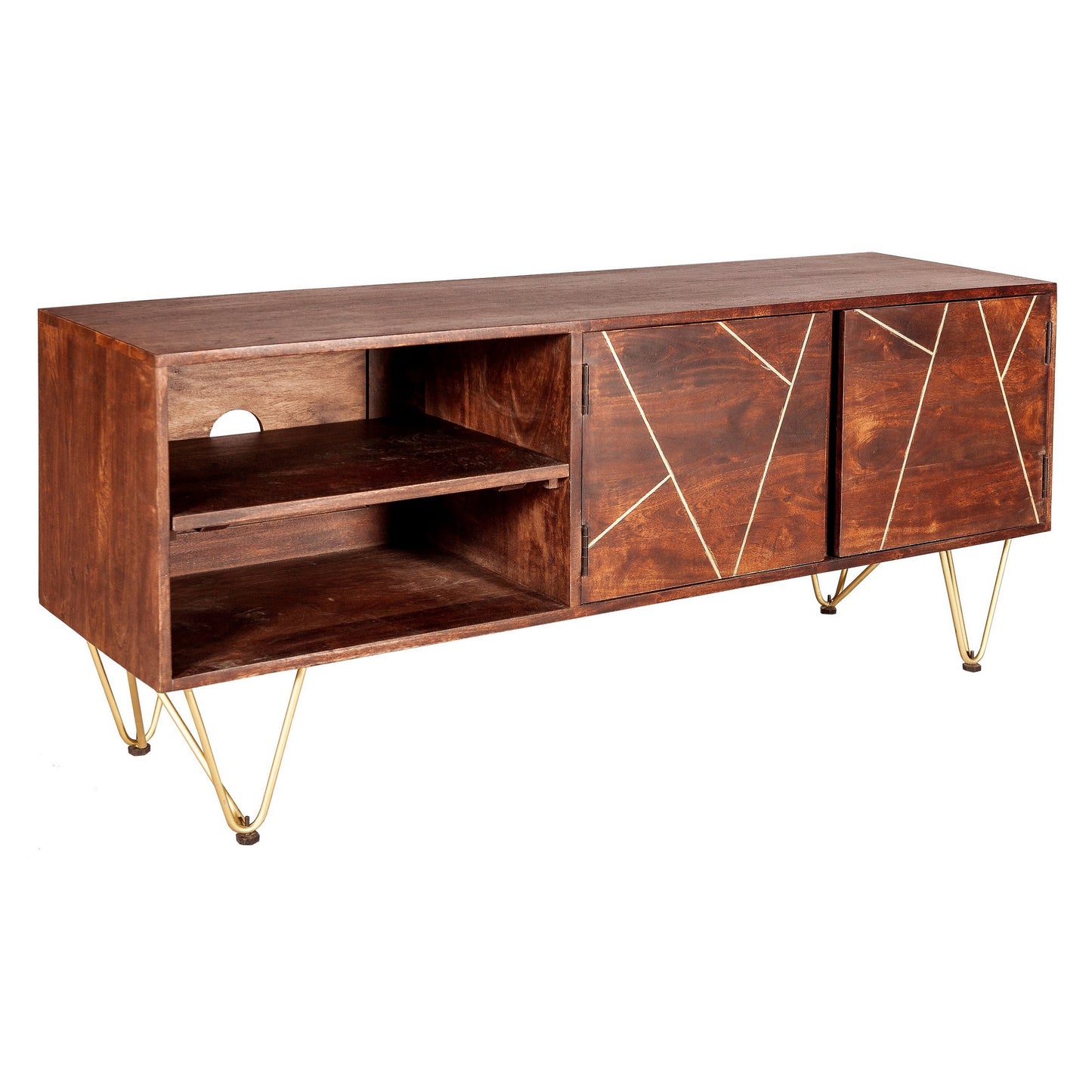 Bandung Dark Mango Wood and Gold TV Media Unit 2 Shelves 2 Doors
