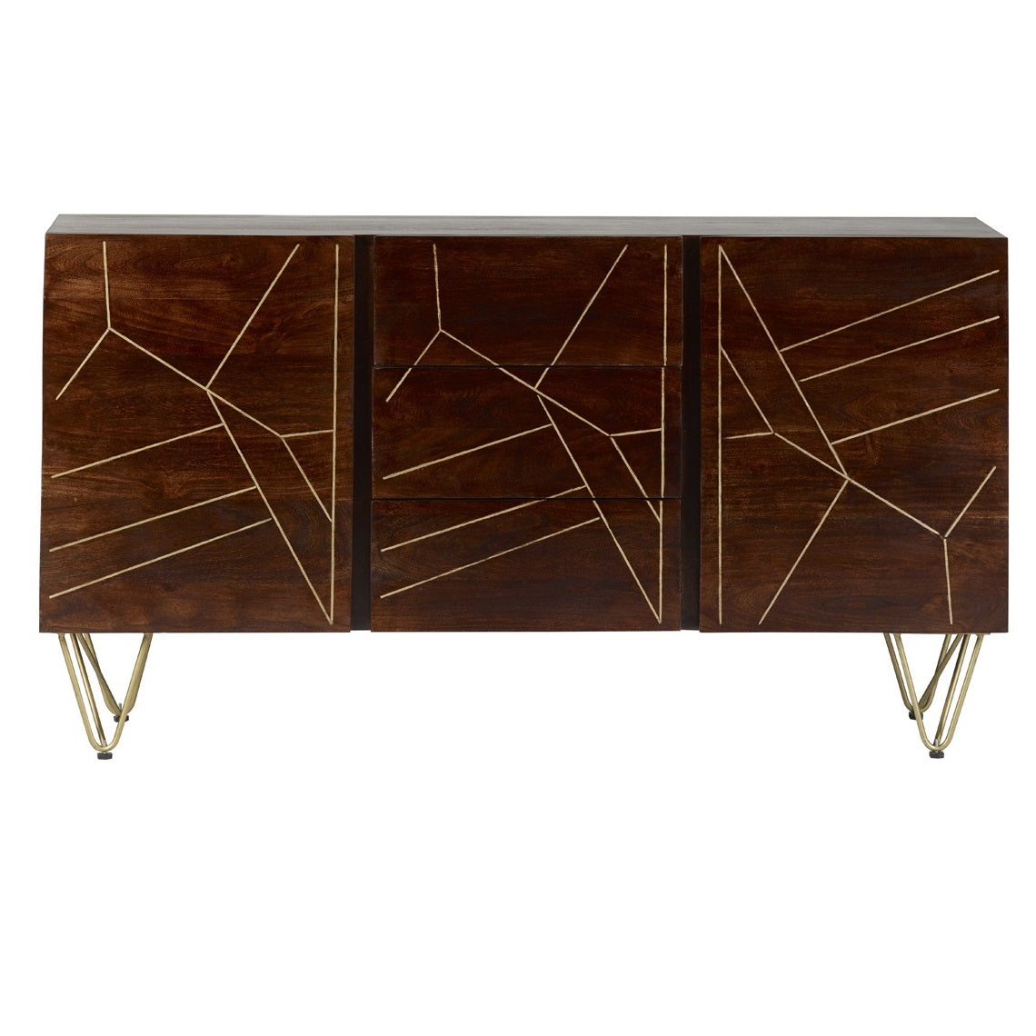 Bandung Dark Mango Wood and Gold Large Sideboard 3 Drawers 2 Doors