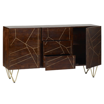 Bandung Dark Mango Wood and Gold Large Sideboard 3 Drawers 2 Doors