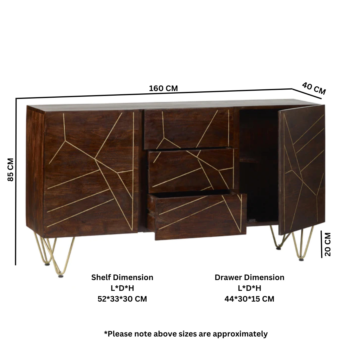Bandung Dark Mango Wood and Gold Large Sideboard 3 Drawers 2 Doors