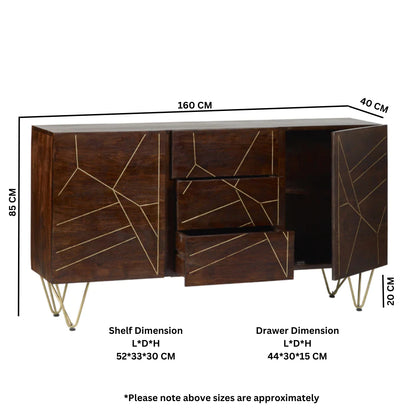 Bandung Dark Mango Wood and Gold Large Sideboard 3 Drawers 2 Doors